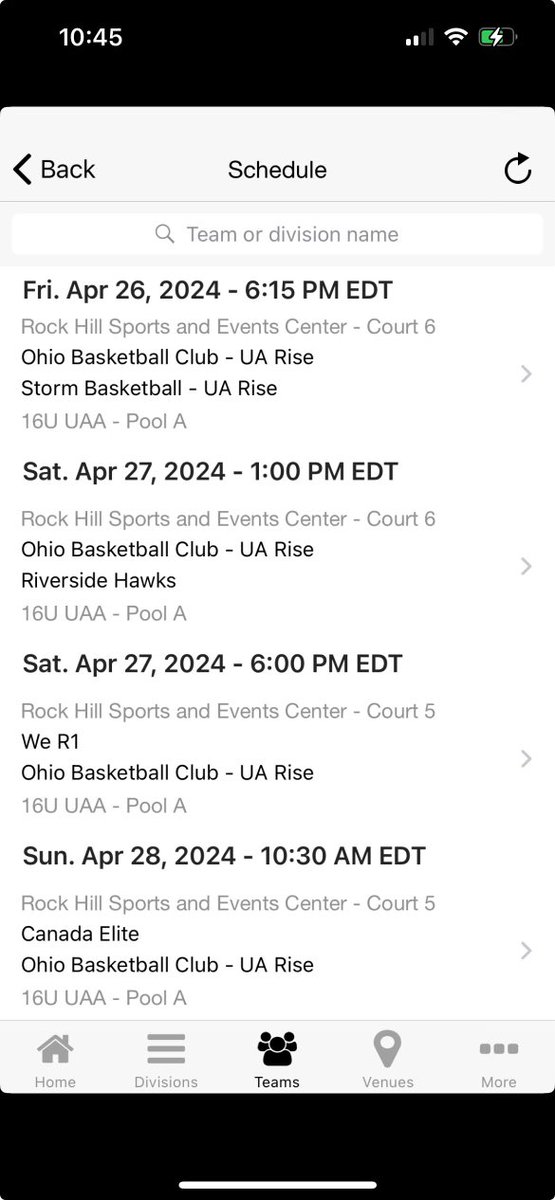 Schedule for this weekend in Rock Hill, SC for the 1st session of UA Next! Excited to compete! @OBCBasketball @UANextBHoops