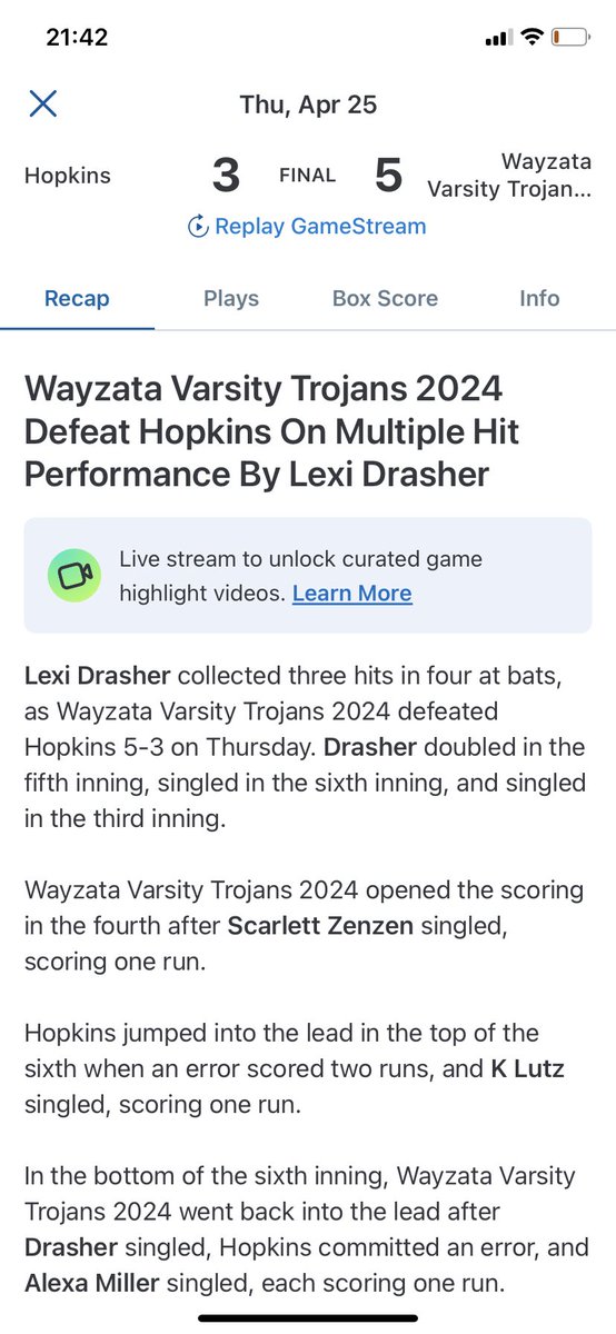 HUGE SECTION OPPONENT WIN!!! We kept battling and never gave up! So proud of how we kept our heads high and had each others back! I went 3 for 4 with a double and two singles, one of them being the game tying RBI in the bottom of the 6th 🔥 @SoftballWayzata @smacken7…