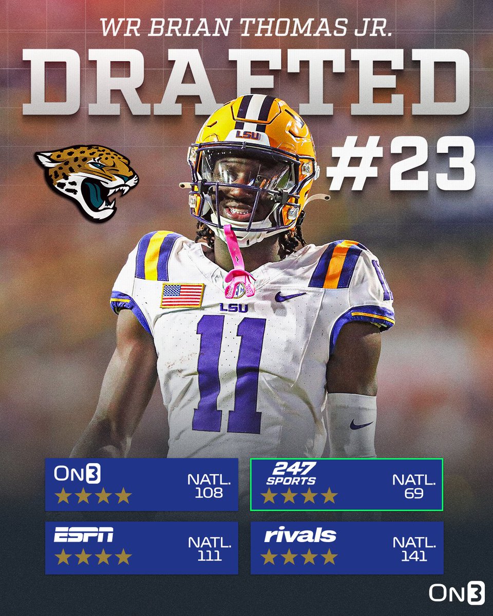 The Jacksonville Jaguars have selected LSU WR Brian Thomas Jr. with the 23rd pick in the 2024 NFL Draft🐯 on3.com/nfl/draft/2024/