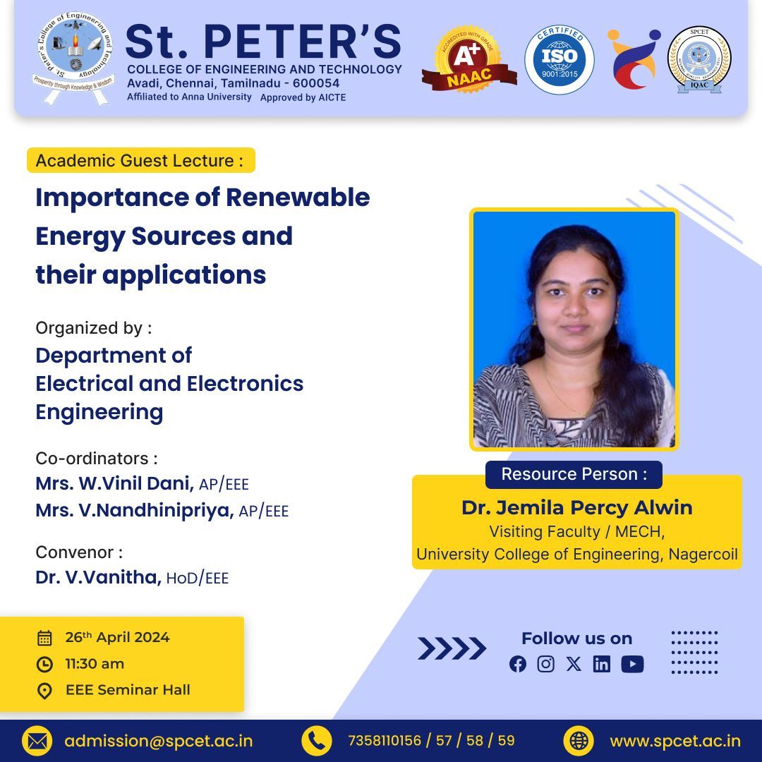 spcetchennai's tweet image. Join us for an enlightening academic guest lecture on the 'Importance of Renewable Energy Sources and their applications. Featuring Dr. Jemila Percy Alwin from University College of Engineering 

#RenewableEnergy #SPCET #AcademicLecture #spcet #stpeters #bestenginerringcollege