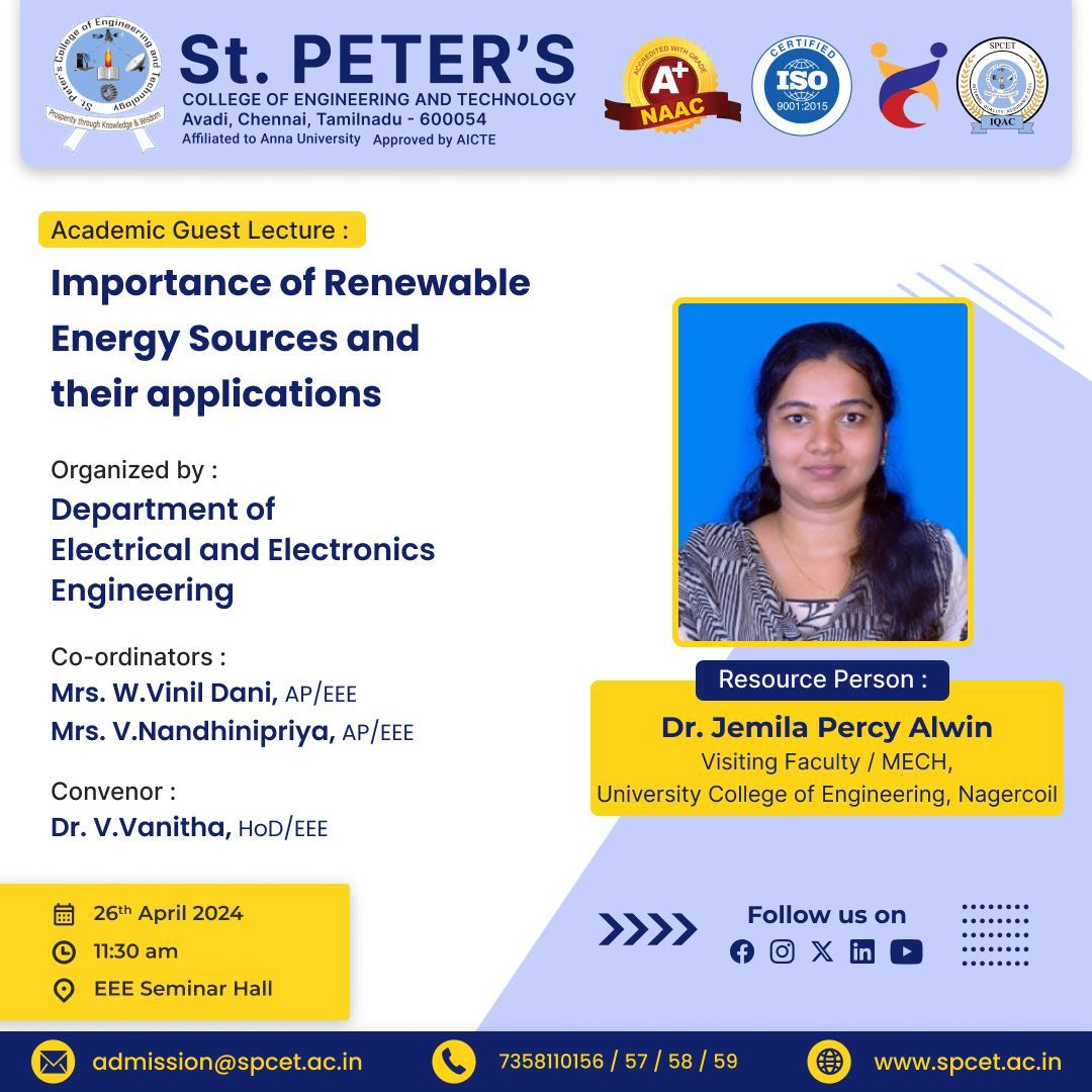 Join us for an enlightening academic guest lecture on the 'Importance of Renewable Energy Sources and their applications. Featuring Dr. Jemila Percy Alwin from University College of Engineering 

#RenewableEnergy #SPCET #AcademicLecture #spcet #stpeters #bestenginerringcollege