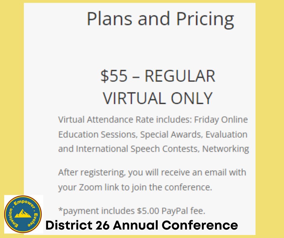 You can STILL sign up to VIRTUALLY attend the District 26 Annual Toastmasters conference! We have four AMAZING presenters on Friday evening! Signup here: conference.d26toastmasters.org