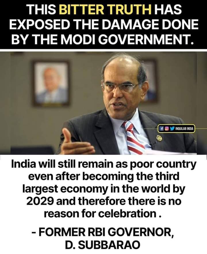 India may remain poor even after becoming 3rd largest economy: Ex-RBI chief India is in the 139th position in the league of Nations in terms of per capita income. And the poorest among BRICS & G-20 nations, he pointed out. business-standard.com/economy/news/i…