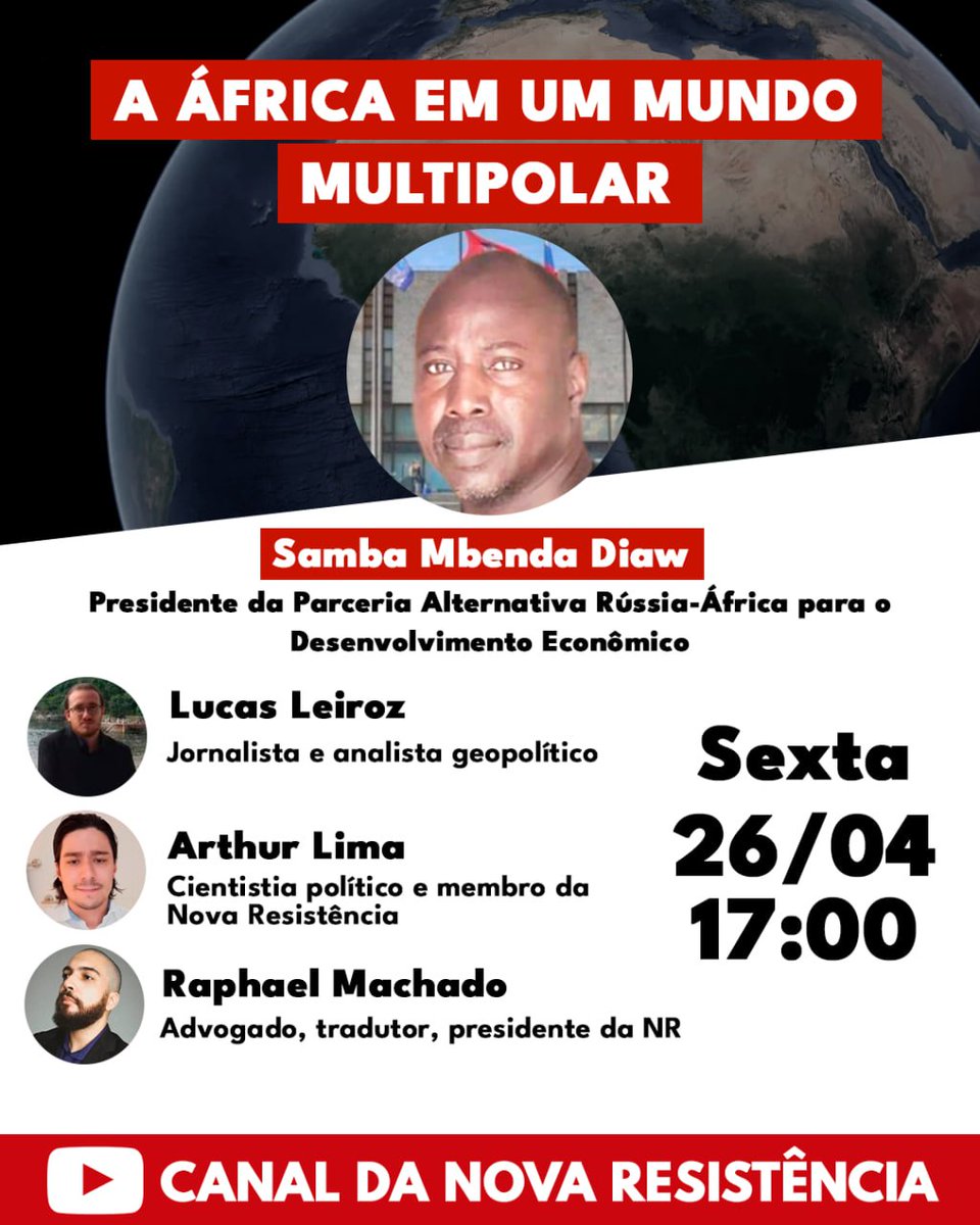 Amanhã (26/04), às 17h, entrevistaremos o Presidente da Parceria Alternativa Rússia-África para o Desenvolvimento Econômico, Samba Mbenda Diaw. Não percam!

youtube.com/watch?v=ePmC4q…