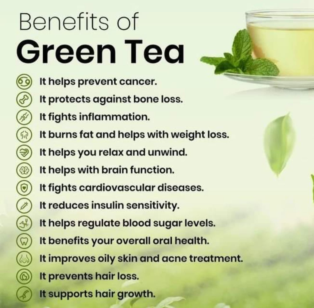 WOW 😲😲
Green tea with amazing benefits 🌿🍵
#greentea #tea #teatime #matcha #blacktea #tealover #tealovers #thaitea #teaaddict #coffee #herbaltea #food #healthy #organic #tealife #healthylifestyle #detox #looseleaftea #foodie #chocolate #instatea #health #skincare  #japanesetea