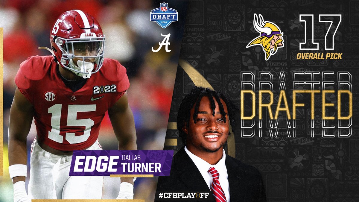 Roll Tide ➡️ SKOL! After appearing in the #CFBPlayoff twice in his collegiate career, @AlabamaFTBL EDGE Dallas Turner (@UnoErra) has been tabbed the 17th overall pick in the 2024 NFL Draft and is headed to the Minnesota @Vikings!