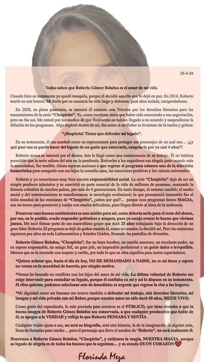 Comunicado de prensa de Florinda Meza sobre los derechos de la emisión de los programas de Chespirito y la serie que se empezó a grabar. @FlorindaMezaCH