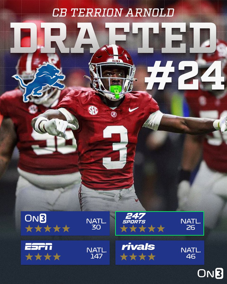 The Detroit Lions have selected Alabama CB Terrion Arnold with the 24th pick in the 2024 NFL Draft🐘 on3.com/nfl/draft/2024/