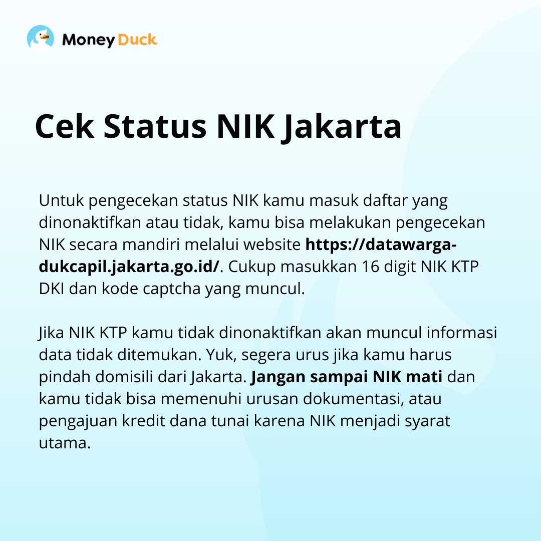 Buruan lapor pindah domisili agar NIK KTP Jakarta tidak dinonaktifkan.

#moneyduck #tanyaexpertduck #nikktp #ktpjakarta #ktpjakartanonaktif #kreditdanatunai