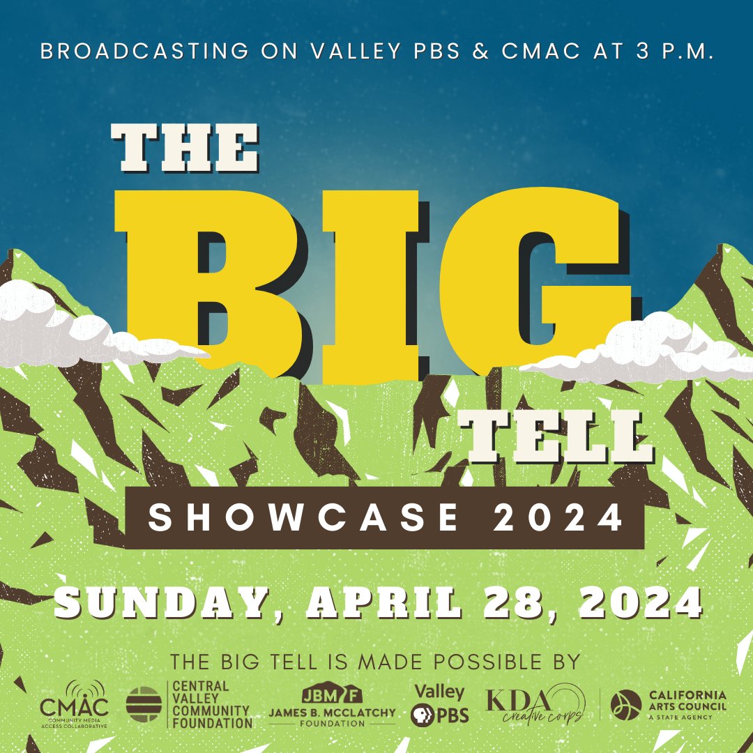 The Big Tell Showcase 2024 is about to hit your screens! This Sunday, tune in at 3PM to Valley PBS or CMAC 1 for a broadcast you won't want to miss! 🚀💫 thebigtell.org @JBMcClatchy, the @CentralValleyCF, the KDA Creative Corps, & @ValleyPBS. @SaschaWrites @TowerTheatre1