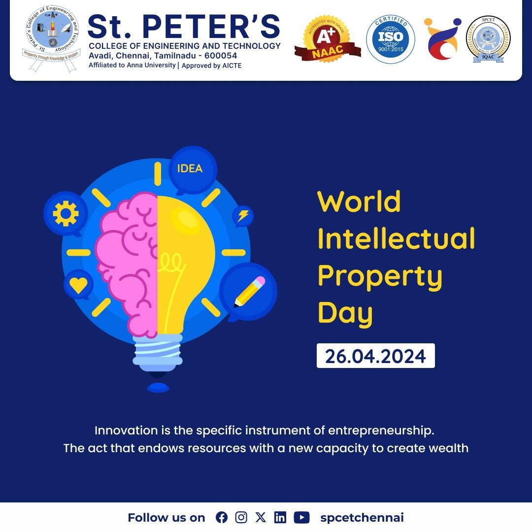 From all of us at St. Peter's College of Engineering and Technology, Happy Intellectual Property Day! Let's continue to champion innovation and protect the fruits of creative minds 

#IntellectualPropertyDay #spcet #stpeters #bestenginerringcollege #bestcollege #Ascenders