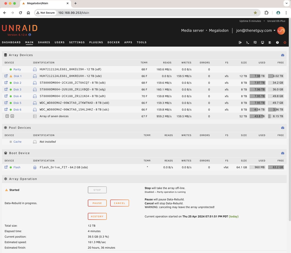 TheNetGuyDotCom's tweet image. Phase 2 upgrade has begun!  With #Unraid you can easily scale out your NAS with various size drives, as long as the data drive added is equal to or smaller than your &quot;parity&quot; drive.

In my case, I upgraded my parity to 12 TB and now I&apos;m upgrading Disk 1 to 12TB - all online!