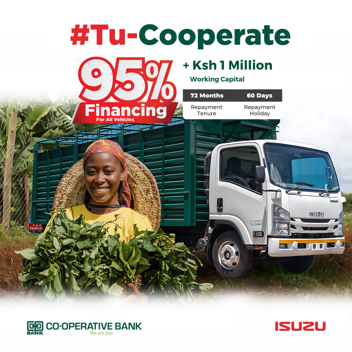 Imarisha biashara yako with a new ISUZU NQR truck for just KES 256,000. Na isitoshe, you can also access an extra KES 1 million for working capital and enjoy a 6-year repayment plan. Dial 0800 724 724 today #TuCooperate pamoja!