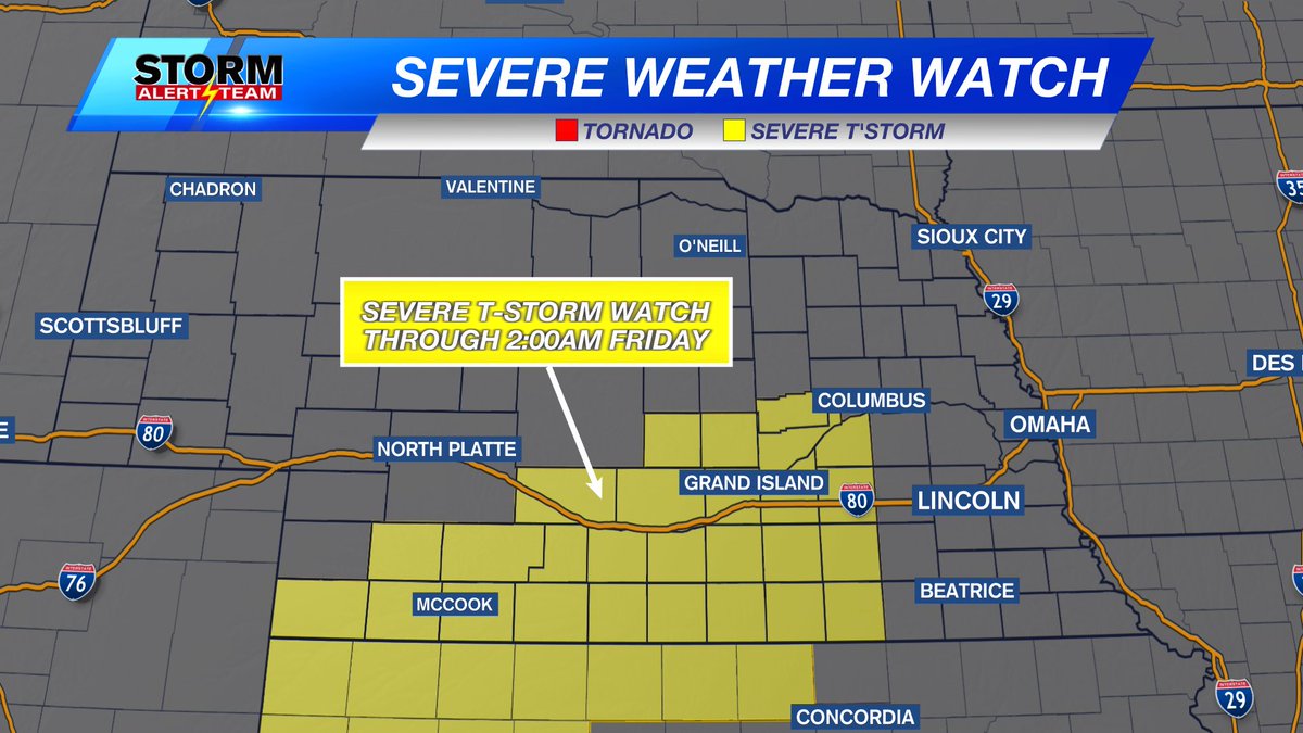 A Severe Thunderstorm Watch is now in place for parts of Nebraska through 2:00am, Friday, April 26, 2024. Large hail and damaging wind are the main concerns. This replaces the Tornado Watch. More watches are possible further east and north as the storms progress.