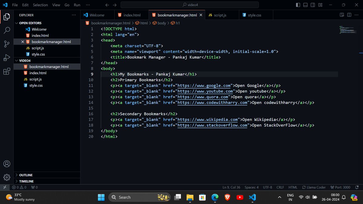 pankajkumar_x's tweet photo. Day2
Today I saw the use of HTML tags and attributes.
-With the help of my web development course, I created my first bookmark website with the help of HTML.😊
#learninpublic #codewithharry #webdeveloper #myfirstwebsite #explorepage https://t.co/lMcRCZtiwx
