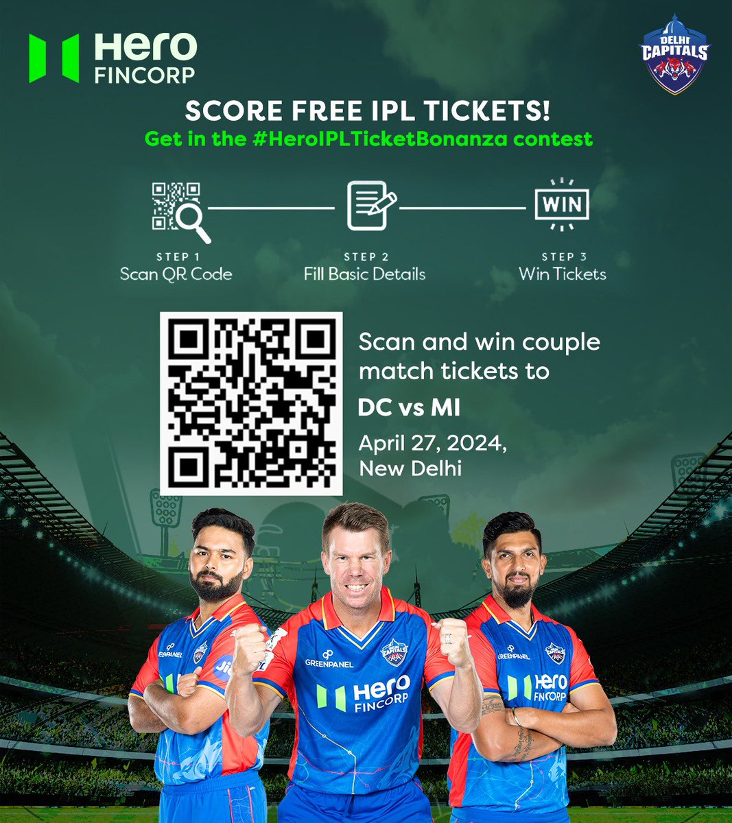 Join the #HeroIPLTicketBonanza & stand a chance to win a free couple match ticket for #DCvsMI. Just scan the QR code and fill in your details. #HeroFinCorp #DCvsMI #TataIPL2024 #Heroes #Cheers #WindowsOfOpportunity #CricketFever.