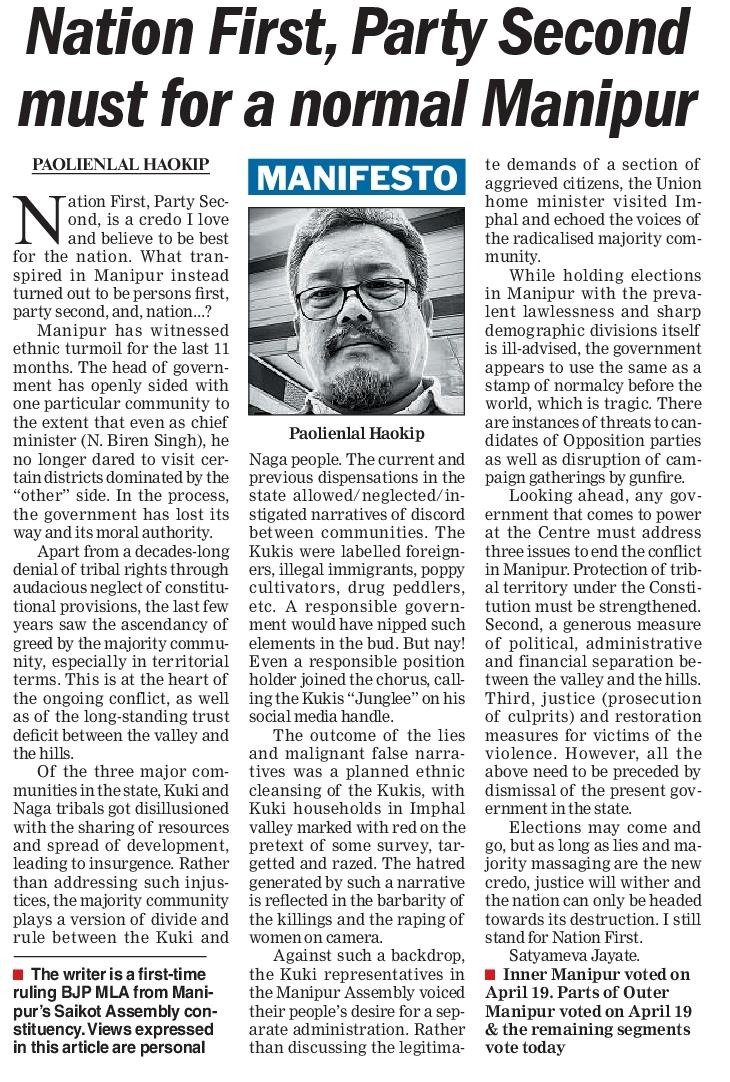 Manipur's BJP MLA: 'Elections may come and go, but as long as lies and majority massaging are the new credo, justice will wither and the nation can only be headed towards its destruction. I still stand for Nation First.'