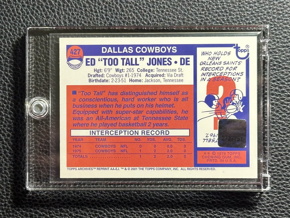 1976 #Topps #427 ED “TOO TALL” JONES Topps Archives Certified Autograph Issue First #1 pick for the #Cowboys in the 1974 #NFLDraft . Played 15 seasons, all with the Cowboys. Finished career with 106 sacks helping the Cowboys reach three Super Bowls. #NFL #FootballCards #TheHobby