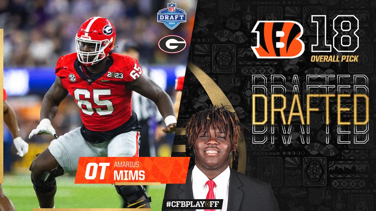 Dawgs say 'who dey?!' A two-time #CFBPlayoff national champion, @GeorgiaFootball OT Amarius Mims has been selected 18th overall in the 2024 @NFL Draft by the Cincinnati @Bengals!