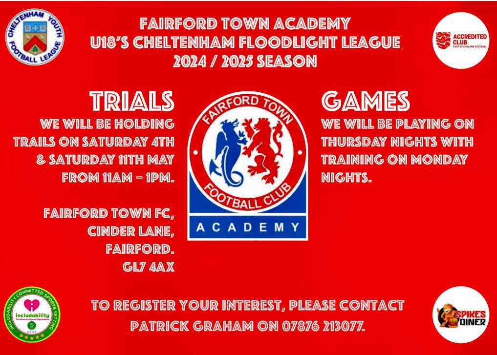 ‼️U18’s Cheltenham Floodlight League Trials‼️

Register your interest today.