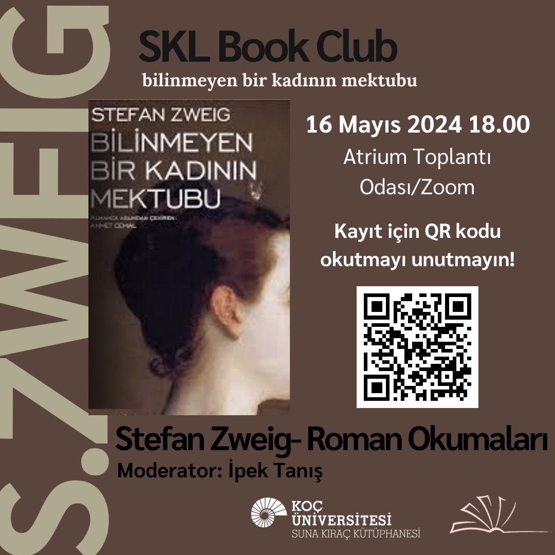 SKL Book Club olarak 16 Mayıs'ta saat 18.00'da Atrium Toplantı Odası'nda buluşuyoruz! Bu ayın kitabı, duygusal derinliği ve sürükleyici hikayesiyle büyüleyen 'Bilinmeyen Bir Kadının Mektubu'. @kuedebiyat kulübünden İpek Tanış'ın moderatörlüğünde, bu kitabın gizem dolu dünyasını