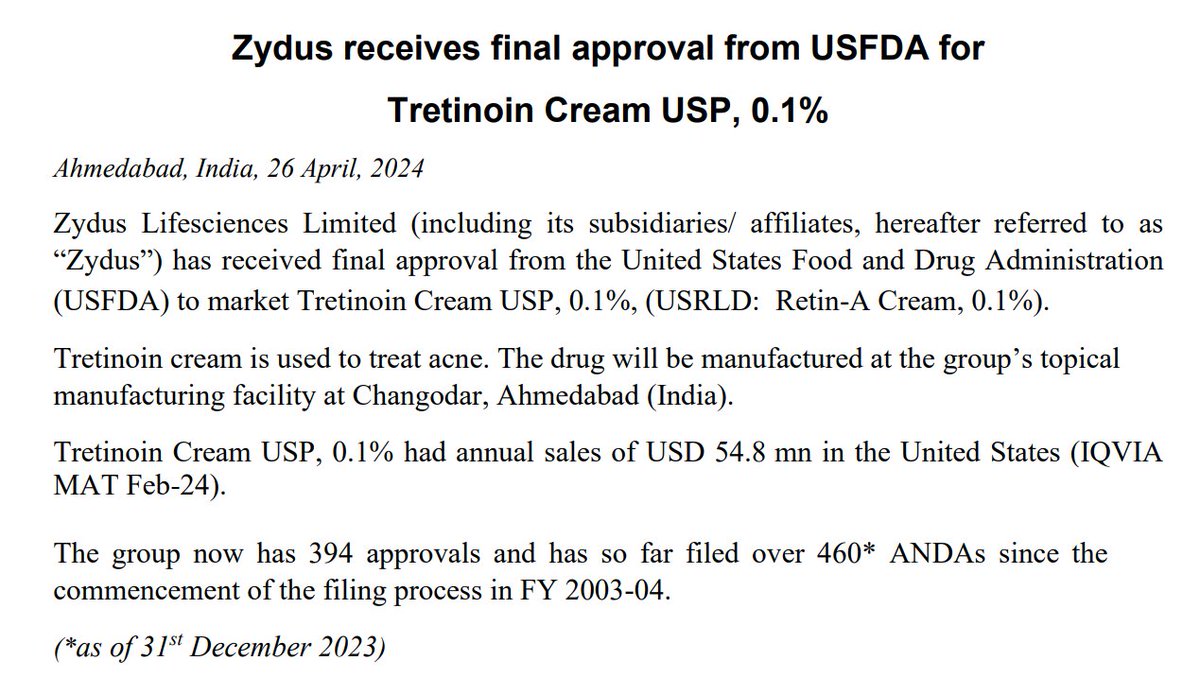 #Zydus Life receives final approval from USFDA for Tretinoin Cream USP, 0.1%