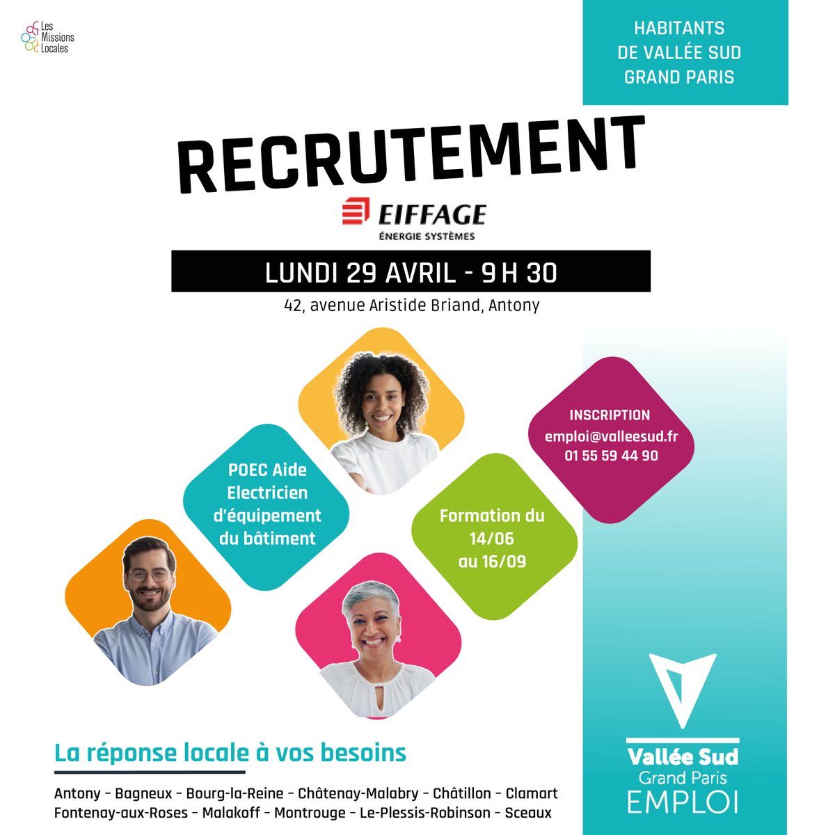 [Session de recrutement] Dans le cadre des clauses sociales d’insertion, @eiffage propose une Préparation opérationnelle à l'emploi collective (POEC) “Aide Electricien d’Equipement du bâtiment”.
👉 Détails et inscriptions sur : linscription.com/pro/activite.p…
@vallee_sud @Armlidf