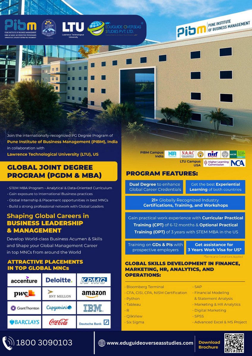 'Embark on a Global Journey of Excellence Elevate your career with PIBM's prestigious PGDM & MBA program in collaboration with Lawrence Technological University, USA. 
#PIBM #LTU #GlobalDegree #PGDM #MBA #InternationalEducation #GlobalOpportunities #HigherEducation #StudyAbroad
