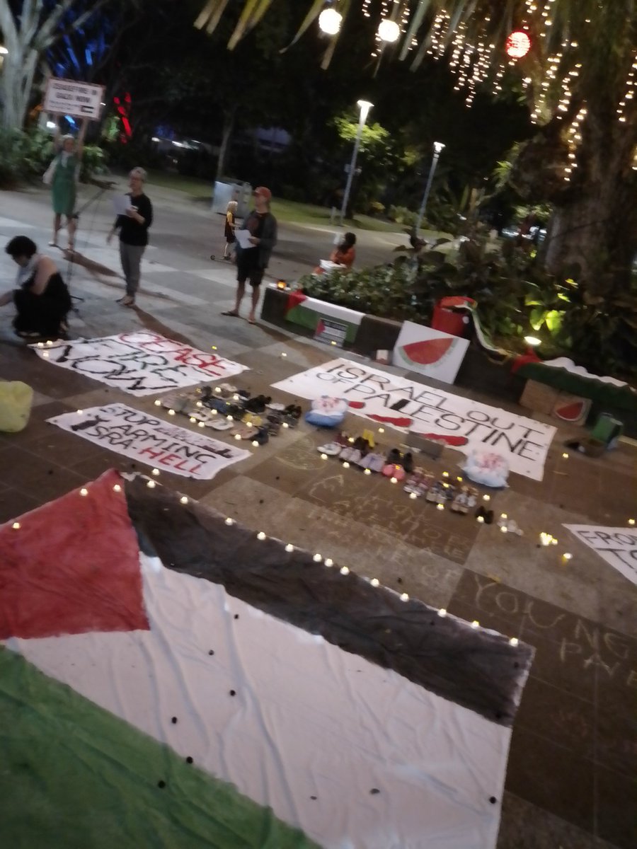 In Gimuy, a vigil for Palestine. Strategically, we must stop Qld Aust'n 155mm shells from being transported to Germany. Germany arms the IDF with Australian made shells. Or Aust-made shells replace stocks of German-made shells. Either way Australian bauxite is arming Genocide