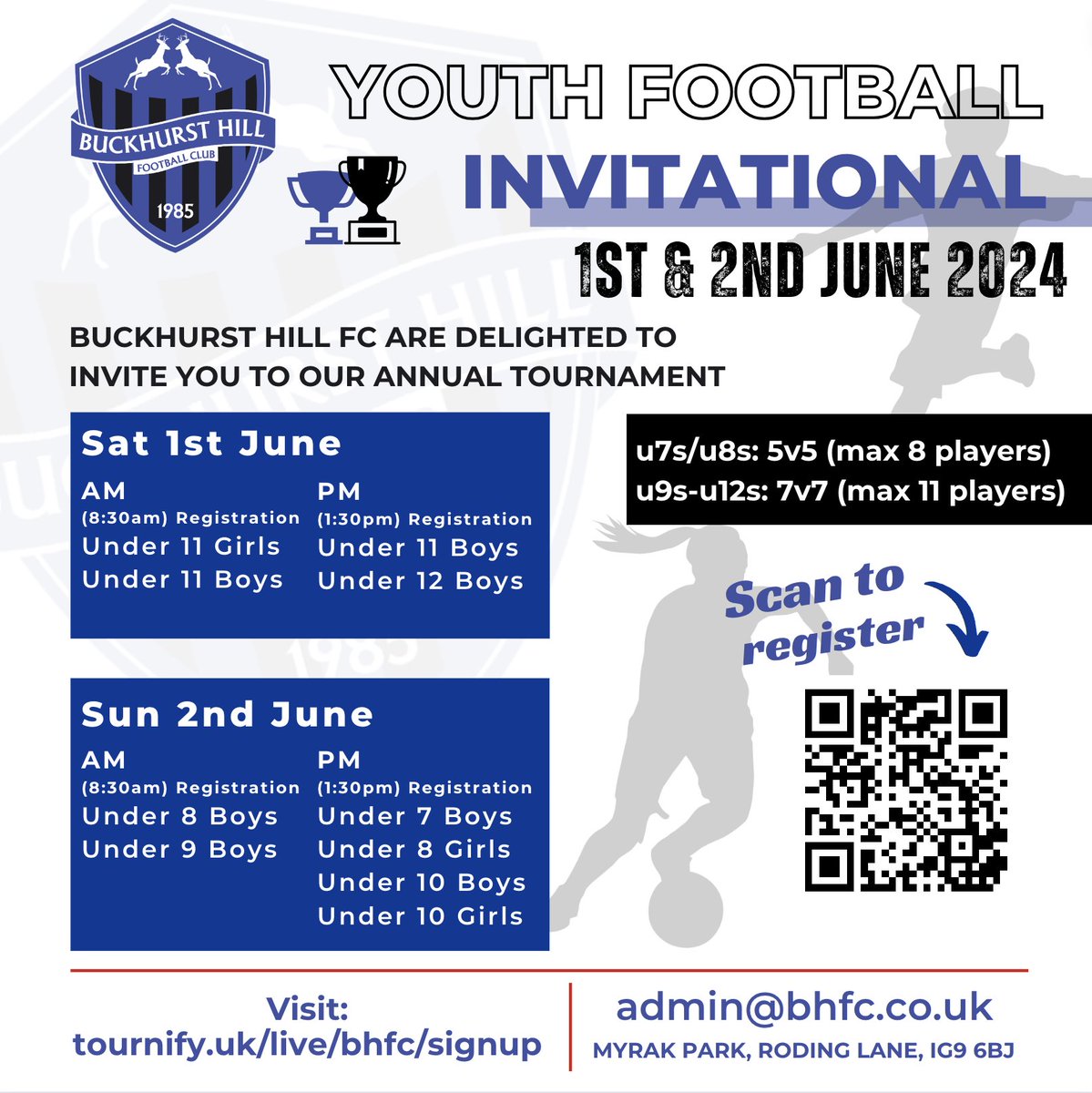 🚨Hurry!🚨 Spaces are filling up fast for our Invitational! ⏳⚽️ Only a few spots left, this is your chance to be part of a weekend of football fun! Don't miss out, grab your spot now before it's too late! Sign up at > tournify.uk/live/bhfc/sign… #FootballTournament #BuckhurstHillFC