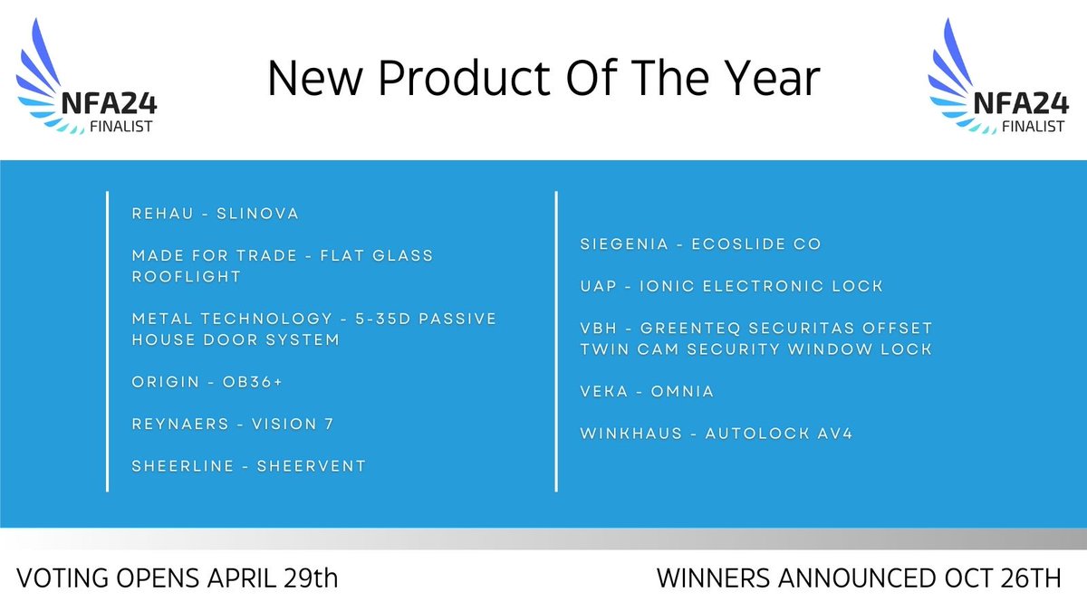 National Fenestration Awards (@natfenawards) on Twitter photo Your #NFA24 New Product Of The Year finalists are: <a href="/REHAUWindows/">REHAU Windows UK</a> <a href="/MadeForTrade1/">Made For Trade</a> <a href="/MetalTechAlumin/">Metal Technology</a> <a href="/Originbifolds/">Origin Global</a> <a href="/ReynaersLimited/">Reynaers Aluminium UK</a> <a href="/SheerlineSystem/">Sheerline</a> <a href="/SIEGENIA_GROUP/">SIEGENIA GROUP</a> <a href="/UAP_Limited/">UAP Limited</a> <a href="/VBHGB/">VBH (GB) Ltd</a> @VEKA_plc <a href="/WinkhausUK/">🔑Winkhaus</a> congratulations! Your #NFA24 New Product Of The Year finalists are: <a href="/REHAUWindows/">REHAU Windows UK</a> <a href="/MadeForTrade1/">Made For Trade</a> <a href="/MetalTechAlumin/">Metal Technology</a> <a href="/Originbifolds/">Origin Global</a> <a href="/ReynaersLimited/">Reynaers Aluminium UK</a> <a href="/SheerlineSystem/">Sheerline</a> <a href="/SIEGENIA_GROUP/">SIEGENIA GROUP</a> <a href="/UAP_Limited/">UAP Limited</a> <a href="/VBHGB/">VBH (GB) Ltd</a> @VEKA_plc <a href="/WinkhausUK/">🔑Winkhaus</a> congratulations!
