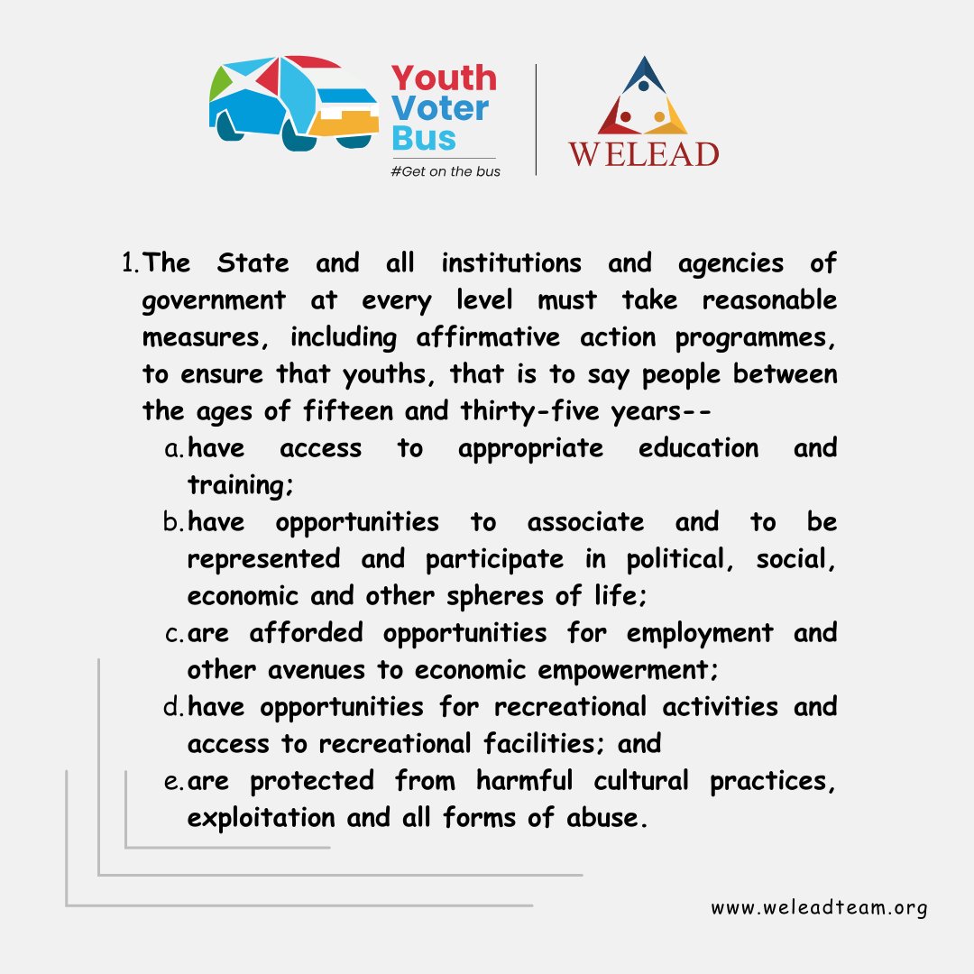 The constitution states that youth should have access to appropriate training and education, have opportunities to associate, and be represented. Read the picture below. #YouthPower #YouthReforms @eva_tarie @namataik_ @natarciatee @AdvMunhangu @SAYoF_SADC @advora_1 @KFRMugayi