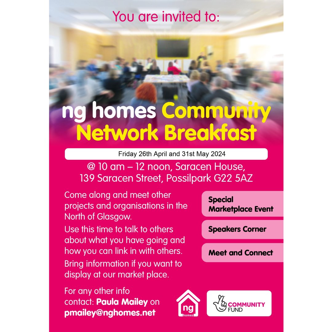 Our Community Networking Breakfast is back this morning starting at 10am in Saracen House, Possilpark. Working in North Glasgow? Come along and see what's happening! Hope to see you there!