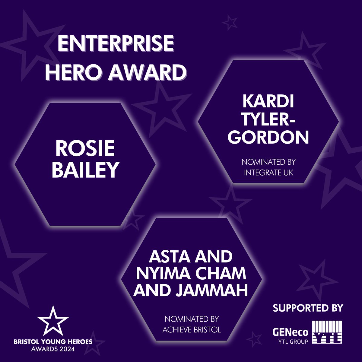 ✨Enterprise Hero Award✨ Congratulations to the finalists for the Enterprise Hero Award for the Bristol Young Hero Awards 2024! 🌟 Rosie Bailey 🌟 Kardi Tyler-Gordon 🌟Asta and Nyima Cham and Jammah Good luck🤞 Thank you to @ukgeneco for supporting the Enterprise Hero Award.