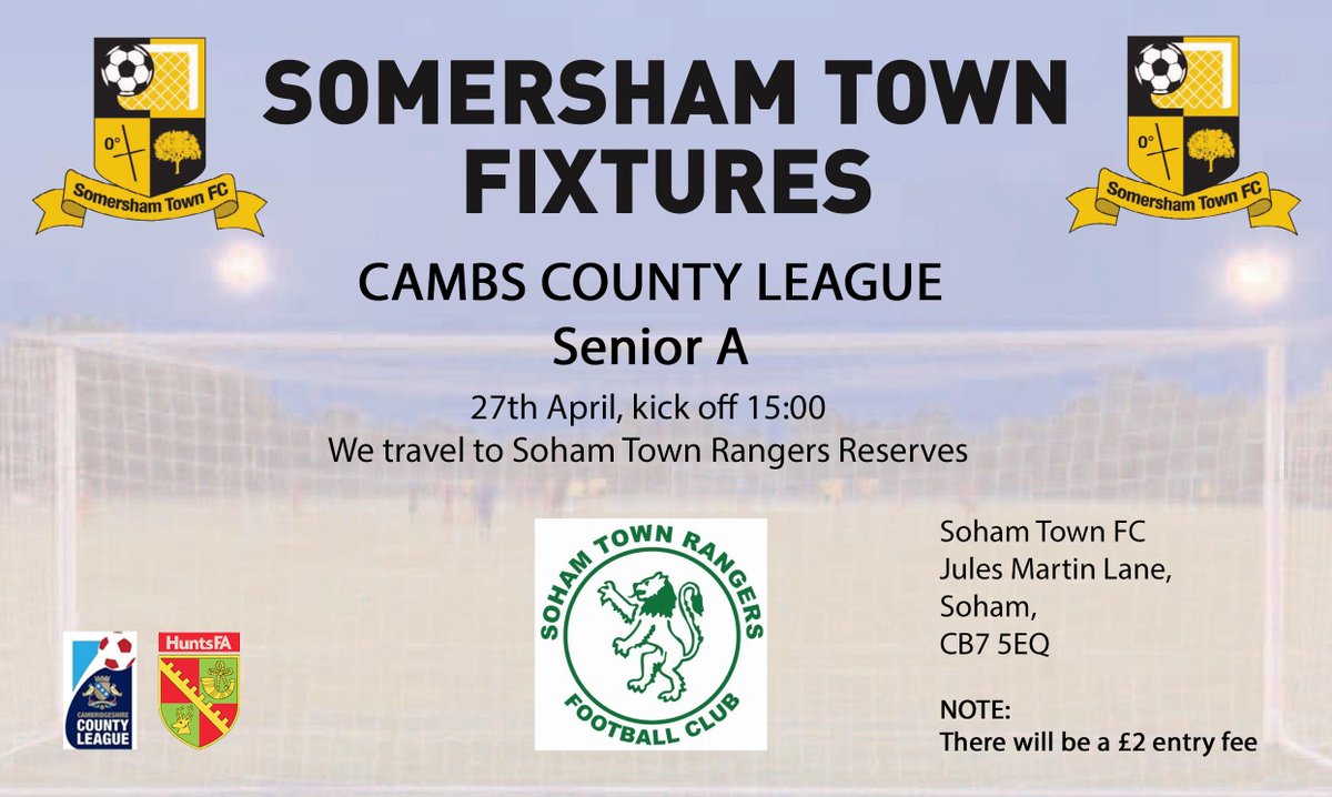 Tomorrow: @CambsLeague Senior A We travel to @sohamres Kick off: 15:00 Please Note: There will be a £2 entry fee.