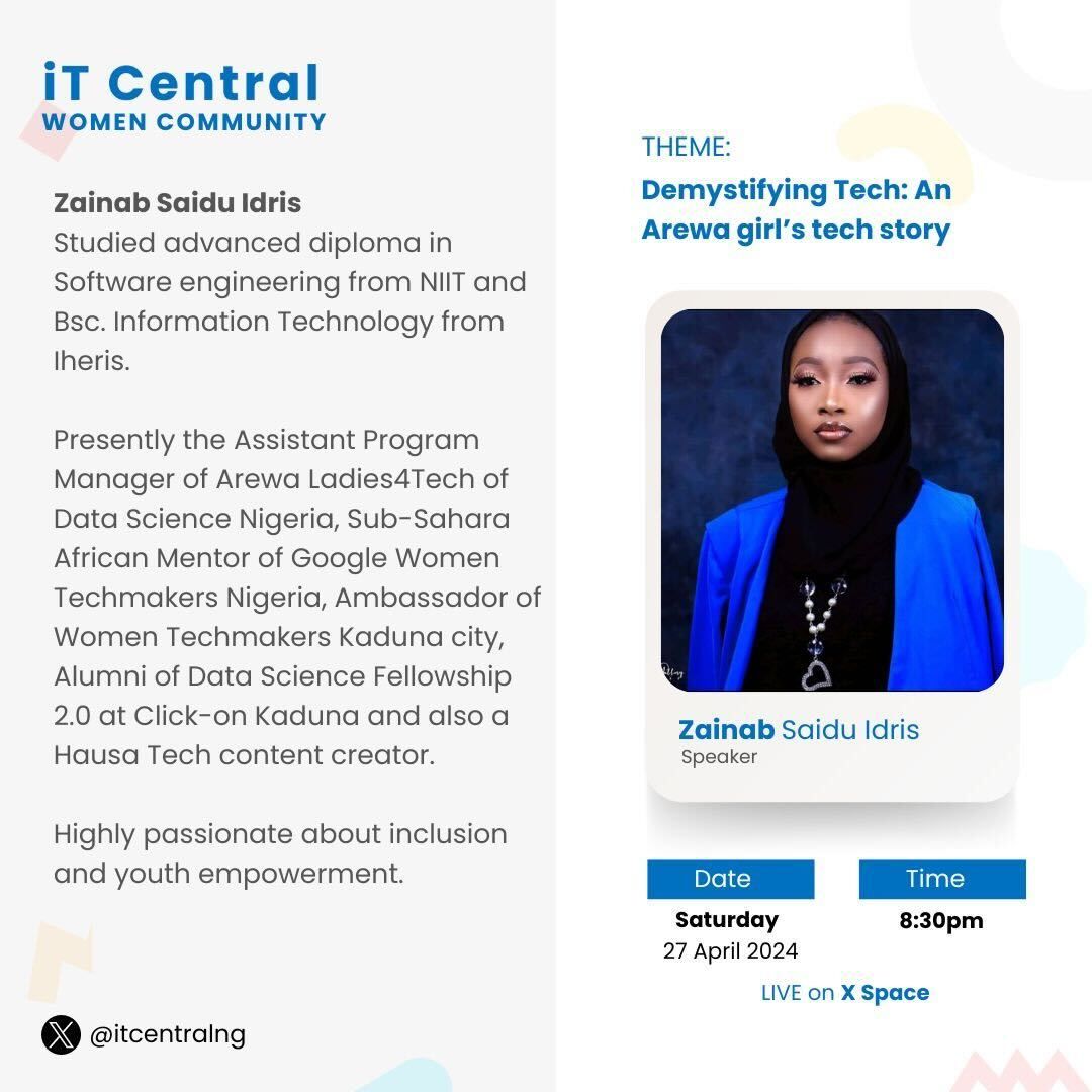 itcentralng's tweet photo. Come ready to be inspired, enlightened and empowered by these experienced women in tech.
Join the vibrant community of women in tech by taking this step!

Date: Tomorrow, 27th April
Link: https://t.co/BTvf1hQqxq https://t.co/464jub9ptJ
