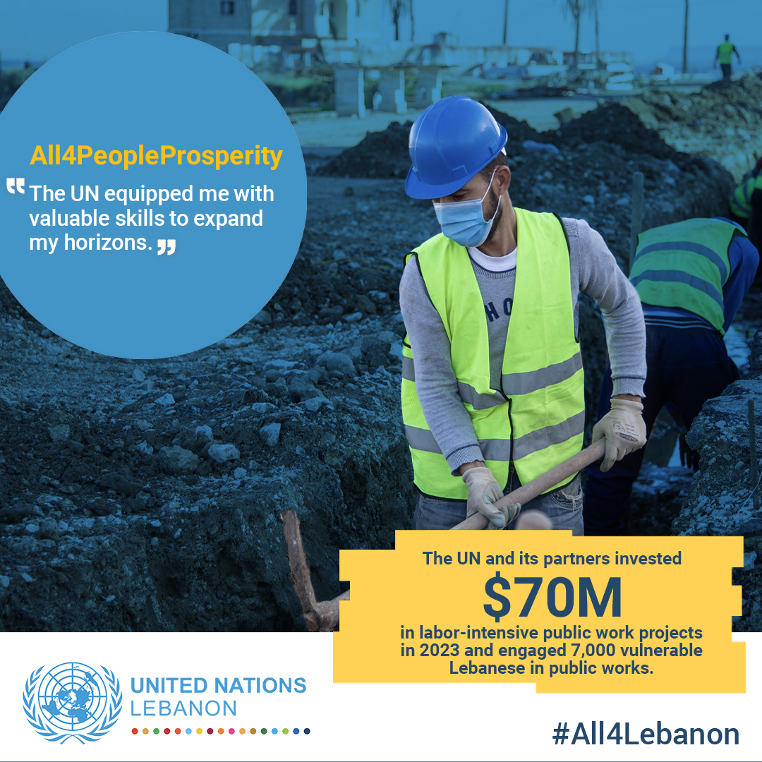 By mid-2023, #UNLebanon and its Partners supported job opportunities: ➡️ $70M were invested in labor-intensive public work projects by the UN in #Lebanon ➡️ 7,000 vulnerable Lebanese were engaged in public works #All4Lebanon