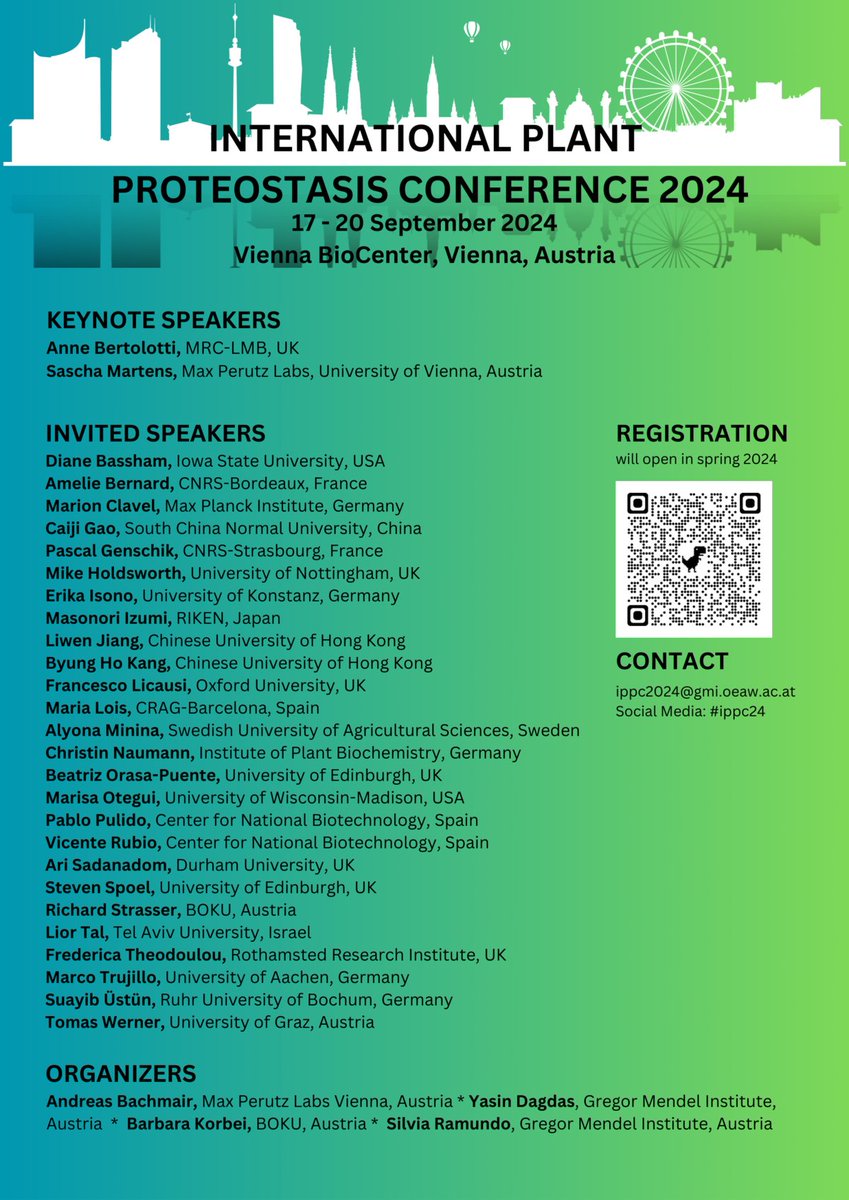 📢 P L E A S E spread the word‼️ Registration is open for The International Plant Proteostasis Conference, in VIENNA, 17-20 September, 2024: oeaw.ac.at/gmi/news-event… Great line up, exciting topics, and friendly meeting. Please register early. #ippc24