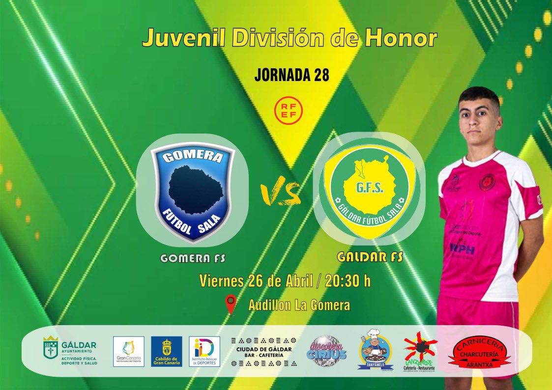 Nuestro juvenil nacional se desplaza en la tarde de hoy a tierras gomeras para enfrentarse al Gomera FS. 

📍La Gomera
🏟️ Audillon San Sebastián de La Gomera 
🕣 20,30H
🆚 <a href="/GomeraCFS/">Gomera Fútbol Sala</a>