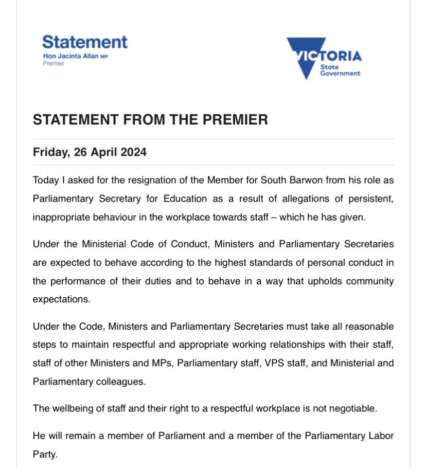 Breaking: Vic Premier sacks South Barwon MP Darren Cheeseman from Parliamentary Secretary role over allegations of “persistent, inappropriate behaviour in the workplace towards staff”. He’ll remain in Labor Party room and in Parliament. @SkyNewsAust #springst