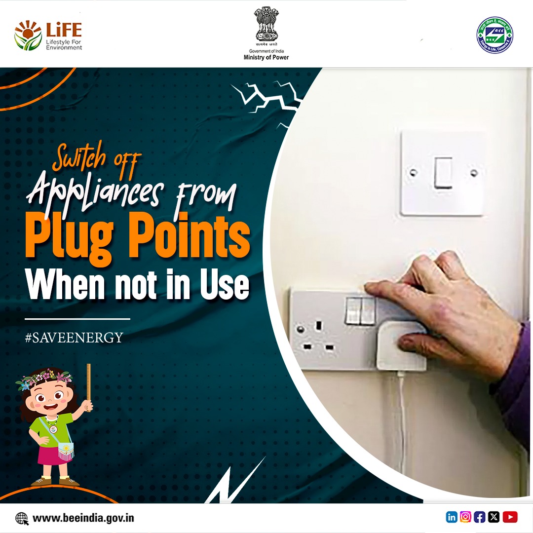 Turn off electrical appliances by switching off the plug point when not in use. This practice can significantly contribute to conserving energy, thereby promoting environmental sustainability. #SaveEnergy #EnergyEfficiency