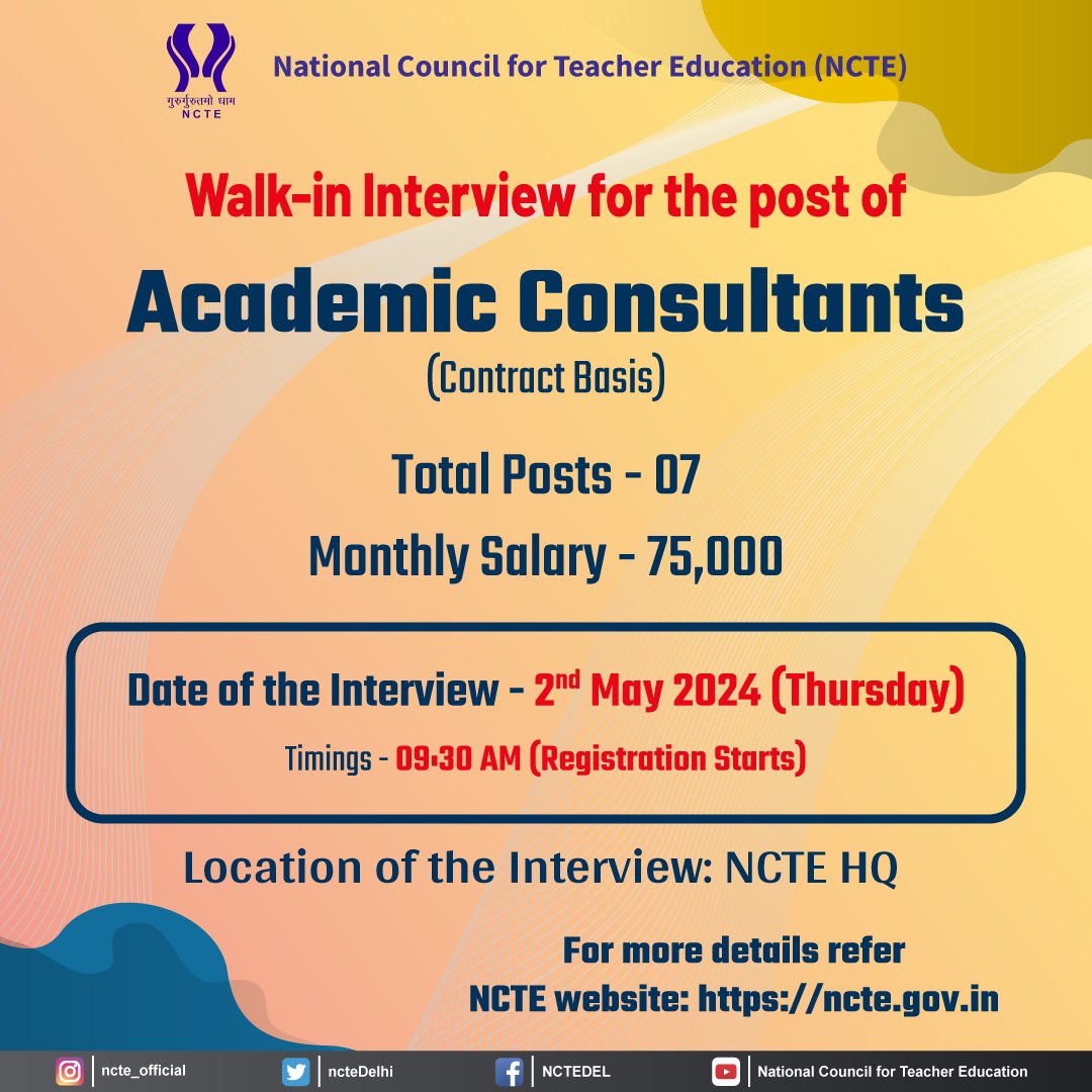 📣Exciting Job Opportunity at #NCTE. #NCTE has announced Walk-in Interview for the posts of Academic Consultants on short term contract basis. 🗓️Date of Interview: 02nd May 2024 Read all the information about the post, essential qualification & others▶️ ncte.gov.in