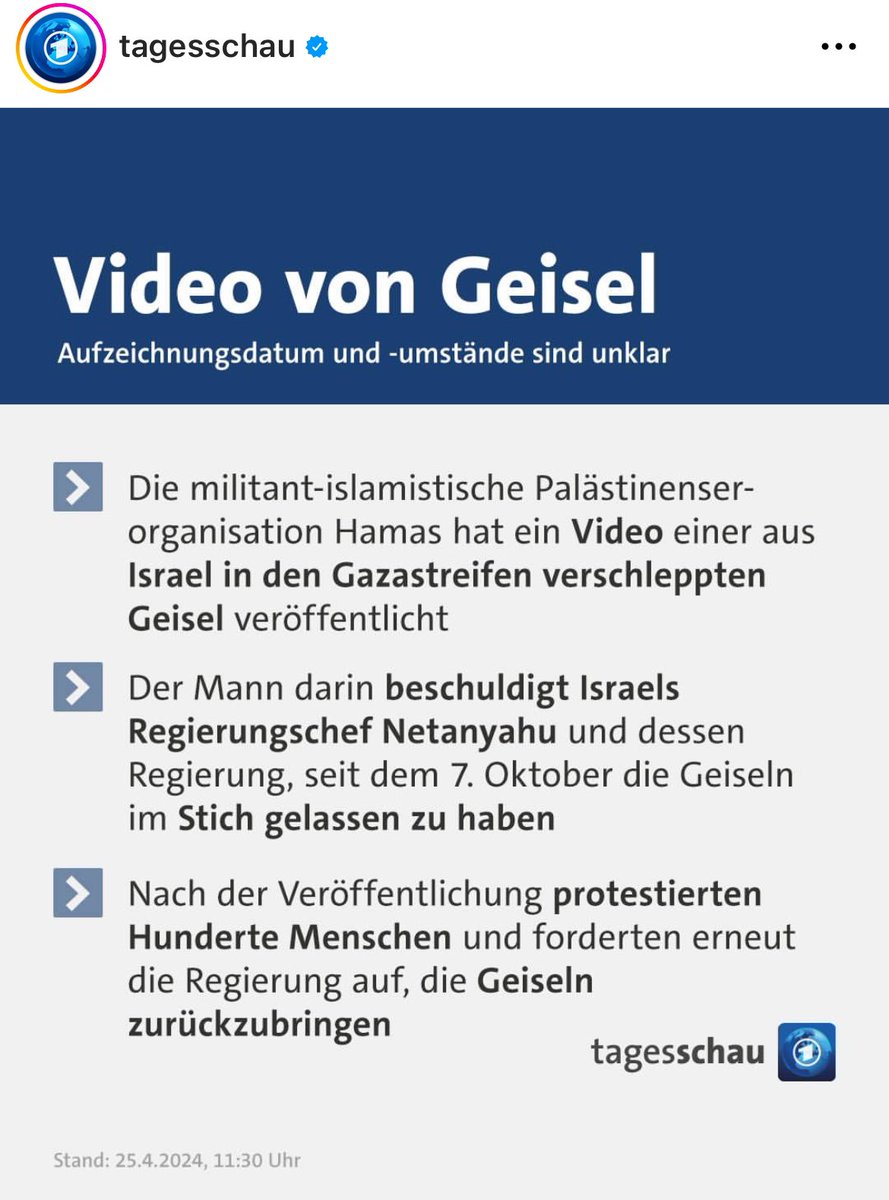 Unfassbar, @tagesschau. Hamas zwingt misshandelte Geisel, im Propaganda-Video Netanjahu zu kritisieren - und ihr übernehmt das ohne Einordnung? So, als hätte sich Hersh Goldberg-Polin aus freien Stücken entschieden, lieber Israels Regierung zu kritisieren anstatt die Terroristen?