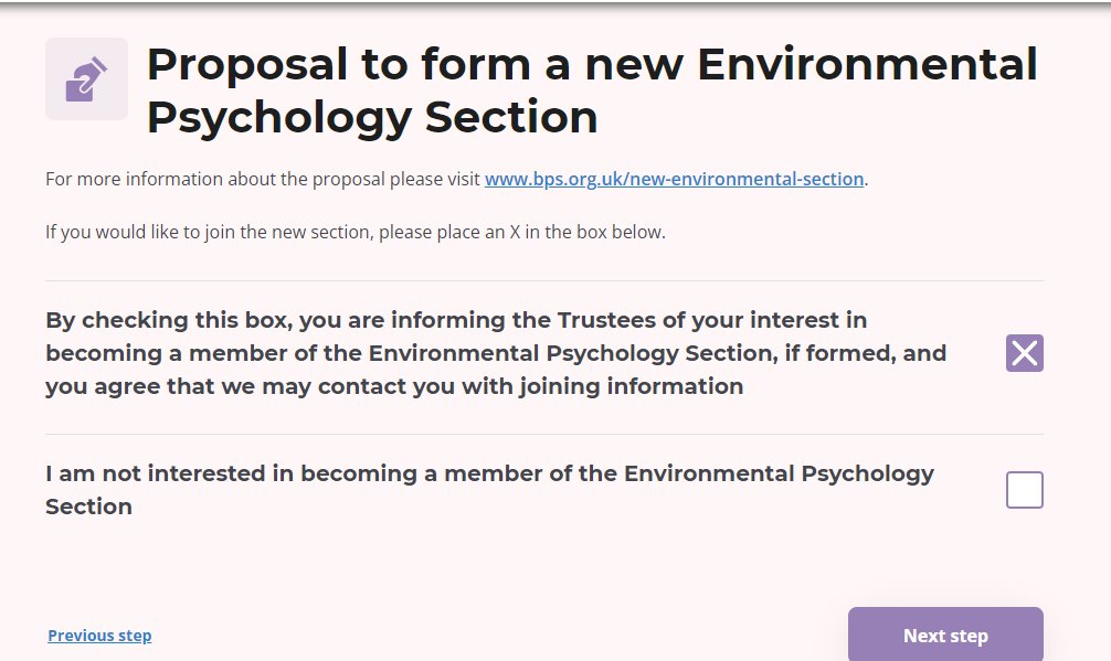 Members of <a href="/BPSOfficial/">British Psychological Society</a>  - Please vote for the formation of an Environmental Psychology Section within the British Psychological Society.   
We need 640 supporters (1% of all BPS members) for this 🤞
bps.org.uk/news/proposal-…
