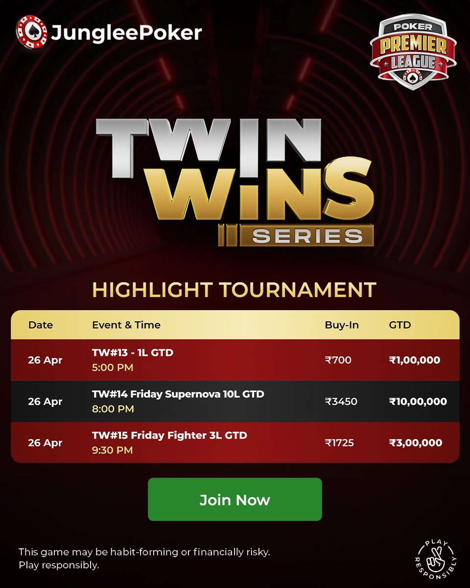 🔥 Turn Up the Heat With @junglee_poker's #PPLSeries3 #TwinWinsSeries🔥

💸 Over ₹1 Crore in guaranteed prizes are igniting the tables all the way through April 28! Are you ready to bring the fire?

🚀 Blast Into the Weekend Finale: Day 5 explodes with over ₹14 Lakhs in