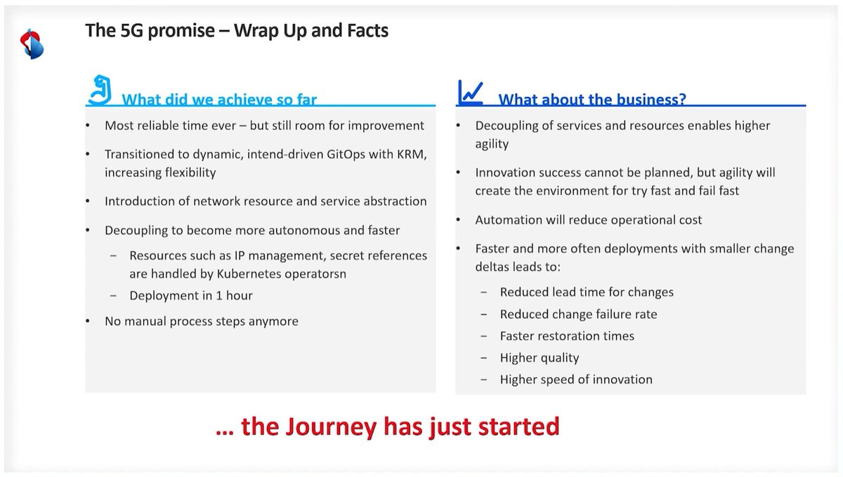 Mark Duesener from Swisscom provided a Case Study on Realising the 5G promise - a journey towards autonomous operations at @FuturenetW #FutureNetWorld. His conclusion slide shows how 5G has helped them improve reliability and started a journey towards autonomous networks. 

One…