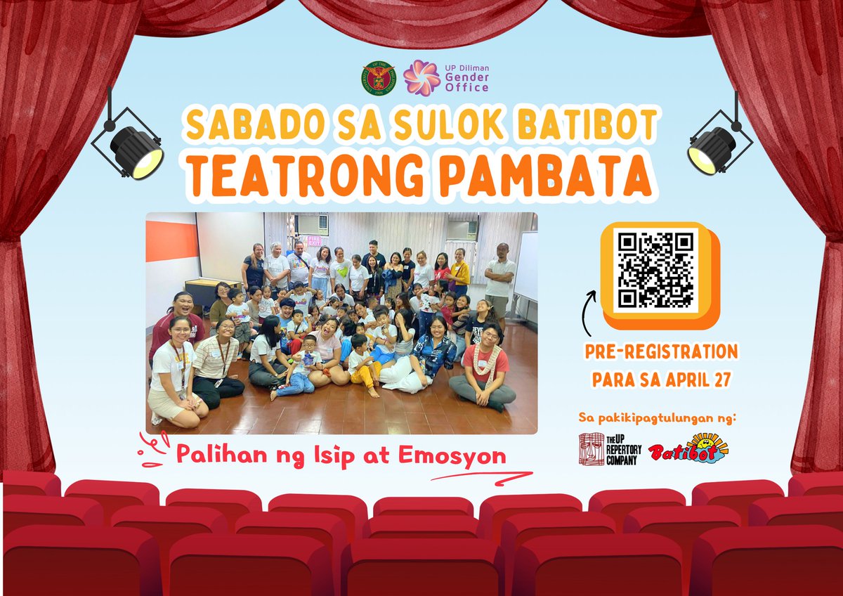 Ang “Sabado sa Sulok Batibot: Teatrong Pambata” ay gaganapin bukas, Abril 27, 9 n.u.–12 n.h., sa UP Diliman Gender Office Conference Room, 2F Benton Hall. Magrehistro lamang sa forms.gle/a9JjkVBVhfBg4p…. Mag-email sa updgo@up.edu.ph para sa mga katanungan.