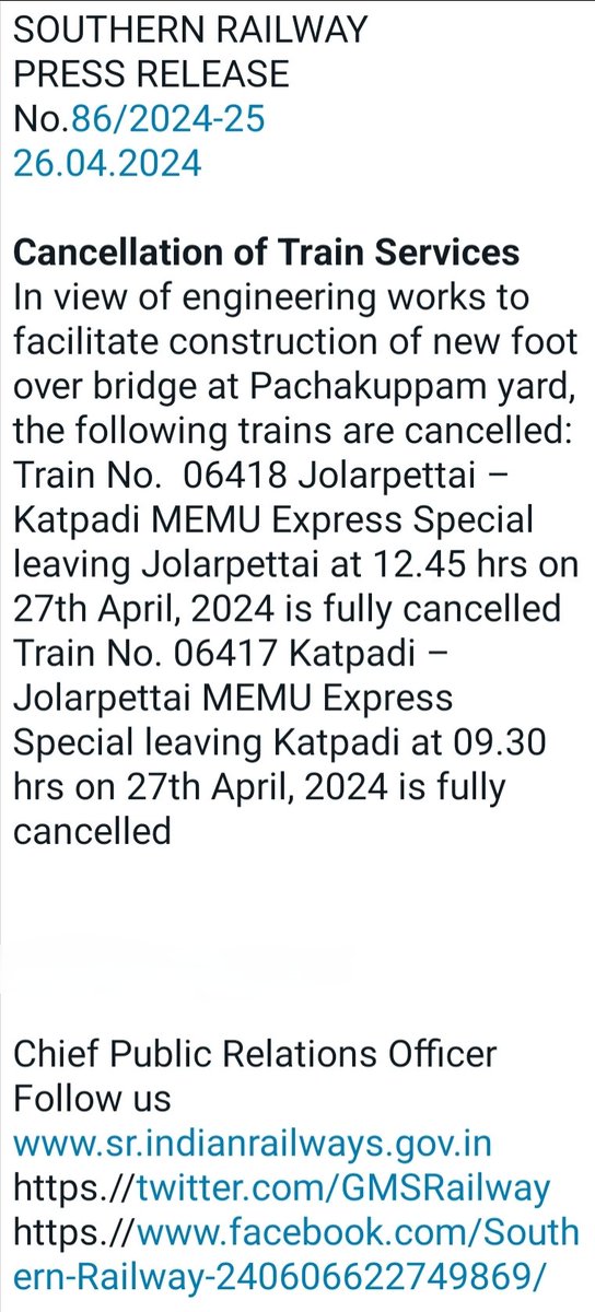 In view of engineering works to facilitate construction of new foot over bridge at #Pachakuppam yard, following #TrainServices are cancelled. Passengers, kindly take note & plan your journey.

#SouthernRailway #RailwayUpdate #RailwayAlert