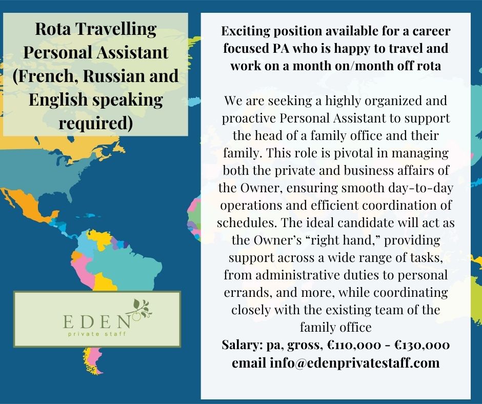 Rota Travelling Personal Assistant (French, Russian and English speaking required)

edenprivatestaff.com/job/rota-trave…
#PersonalAssistant #personalassistants #privatewealth #PA #EA #familyoffice #familyoffices #executivepa #privatepa #privateequity #parecruitment #ExecutiveAssistant