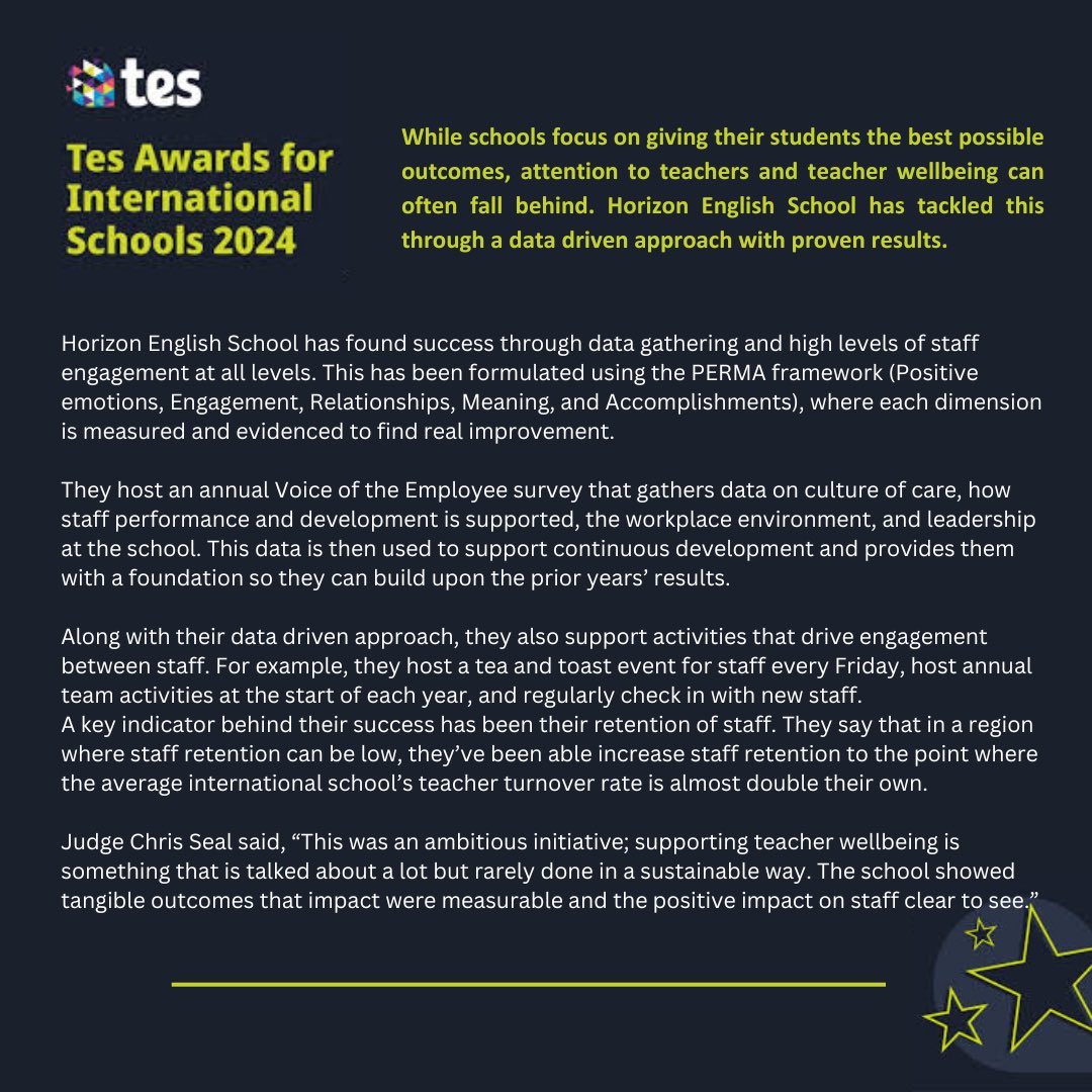 We are over the moon to announce that we have WON the Tes Awards for International School 2024 award for Staff Wellbeing Initiative of the Year ⭐️
Thank you to everyone who contributes to the well-being of our staff!
#staffwellbeing #workplacewellness #happyhorizon #cognitaway